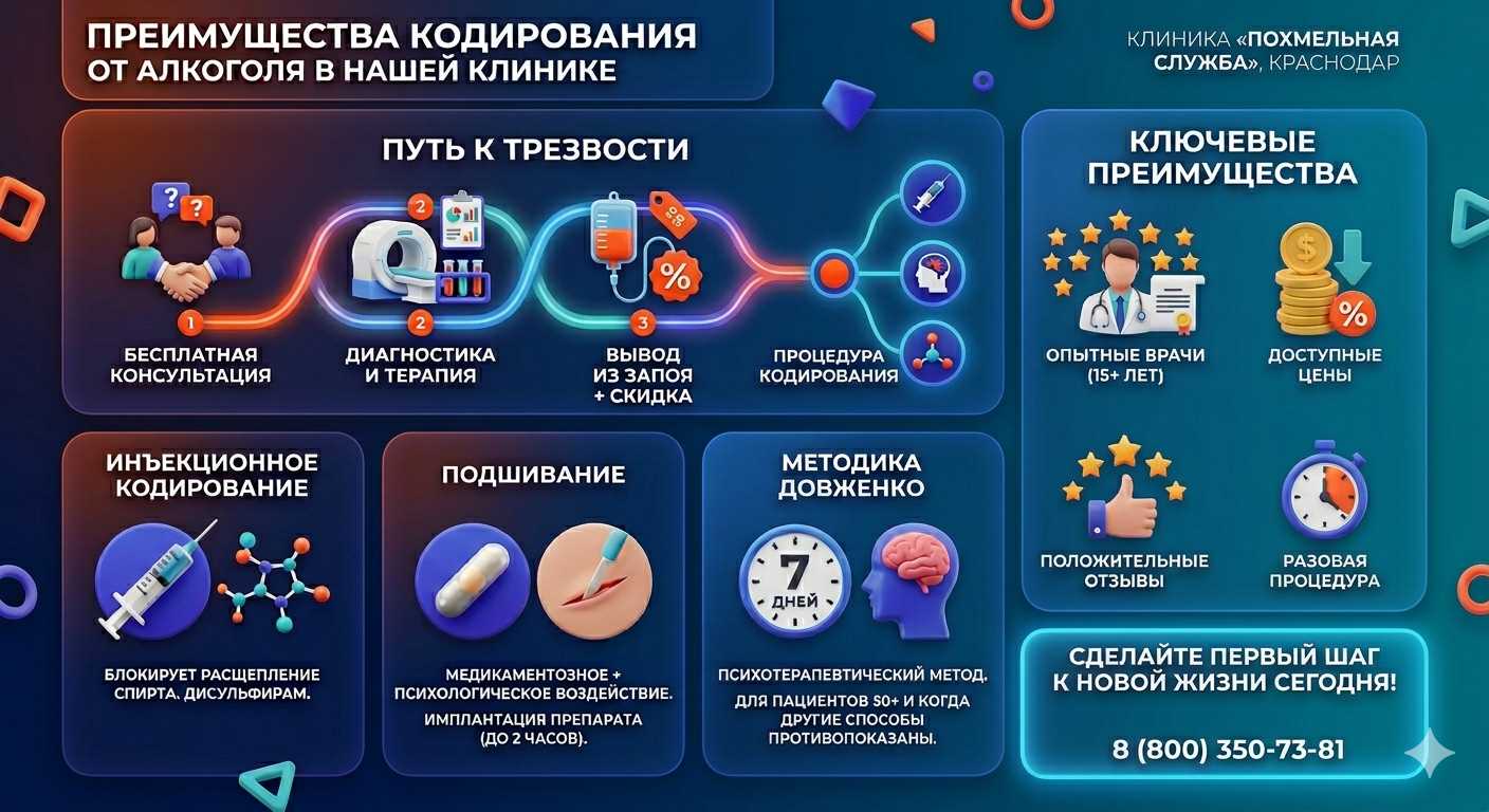 Инфографика о методах кодирования от алкоголя в Усинске: инъекции, подшивание, метод Довженко. Преимущества клиники и этапы лечения.